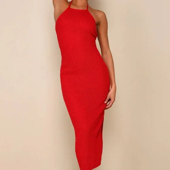 Red Crochet Halter Bodycon Midi Dress - Picture 1 of 3